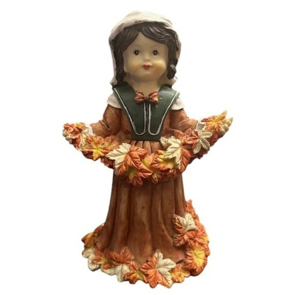 Vintage Fall Harvest Pilgrim Girl Figurine Autumn Leaves Thanksgiving Decoration